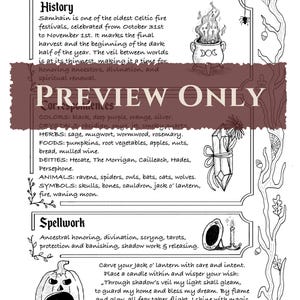 May include: Black and white illustration of a Samhain-themed page. It includes text about the Celtic fire festival, correspondences, and spellwork. The page features a cauldron, jack o' lantern, and other symbols.