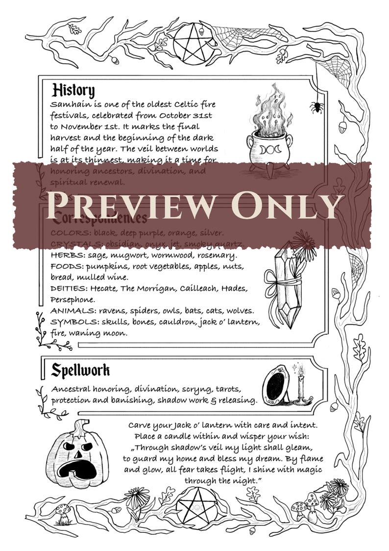 May include: Black and white illustration of a Samhain-themed page. It includes text about the Celtic fire festival, correspondences, and spellwork. The page features a cauldron, jack o' lantern, and other symbols.