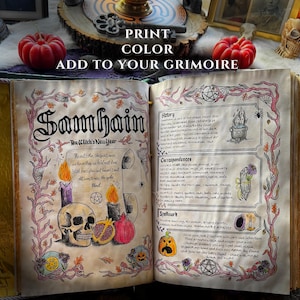 May include: An open grimoire with the word "Samhain" in large script, featuring illustrations of candles, a skull, and a pomegranate. The text "The Witch's New Year" is also visible, along with other handwritten text and drawings.