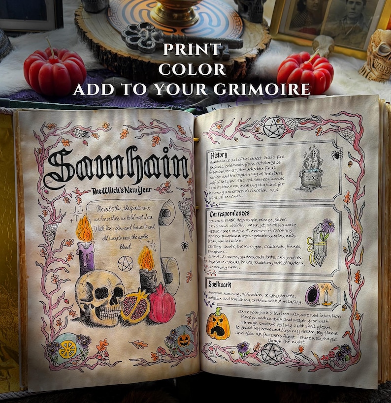 May include: An open grimoire with the word "Samhain" in large script, featuring illustrations of candles, a skull, and a pomegranate. The text "The Witch's New Year" is also visible, along with other handwritten text and drawings.