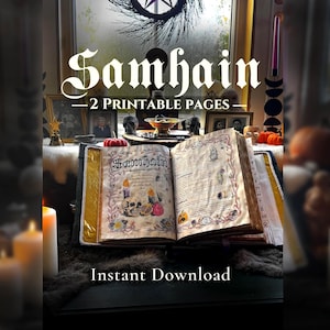 May include: An open book with the word "Samhain" on the cover, featuring illustrations of skulls, candles, and pumpkins. The text "- 2 Printable Pages -" and "Instant Download" are also visible. The background includes a wreath with a star.