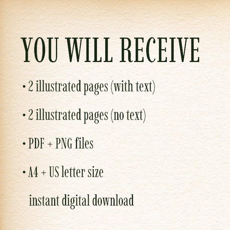 K&ouml;nnte beinhalten: Ein digitales Datei-Informationsblatt mit dem Text YOU WILL RECEIVE, 2 illustrated pages (with text), 2 illustrated pages (no text), PDF + PNG files, A4 + US letter size und instant digital download in schwarzer Serifenschrift.