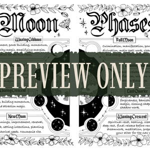 K&ouml;nnte beinhalten: Ein schwarz-wei&szlig;er Druck mit dem Titel Moon Phases, der florale R&auml;nder und Text zur Beschreibung der Mondzyklen wie Waxing Gibbous, Full Moon, Waxing Crescent, Last Quarter, New Moon und Waning Crescent mit einem PREVIEW ONLY-Overlay enth&auml;lt.