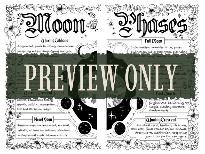 K&ouml;nnte beinhalten: Ein schwarz-wei&szlig;er Druck mit dem Titel Moon Phases, der florale R&auml;nder und Text zur Beschreibung der Mondzyklen wie Waxing Gibbous, Full Moon, Waxing Crescent, Last Quarter, New Moon und Waning Crescent mit einem PREVIEW ONLY-Overlay enth&auml;lt.