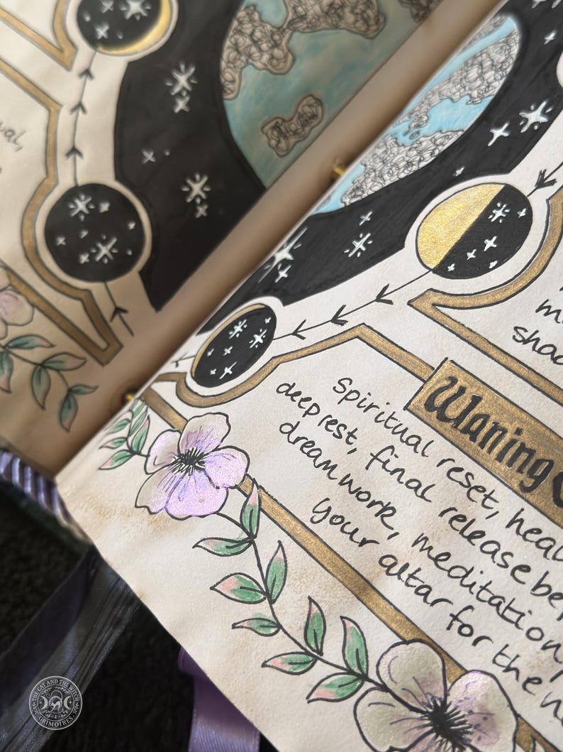 K&ouml;nnte beinhalten: Eine offene Buchseite mit handgezeichneten Illustrationen von Mondphasen, Sternen und Blumenranken. Der Text lautet Waning, spiritual reset, heal, deep rest, final release, be, dream work, meditation, your altar for the n.