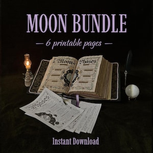 May include: A Moon Bundle set of 6 printable pages featuring moon phase illustrations and text. The open book displays detailed lunar charts, accompanied by a small lit oil lamp, a black quill pen, and a white sphere on a dark surface.