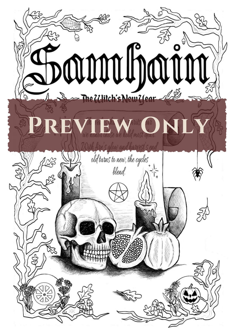 May include: Black and white illustration with the word "Samhain" at the top, and "The Witch's New Year" below it. The image includes a skull, candles, a pomegranate, and a pumpkin. The text "PREVIEW ONLY" is across the center.