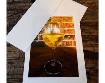 Glass of Chardonnay photo greeting card, 5x7 card on quality cardstock. Envelope included, black inside.