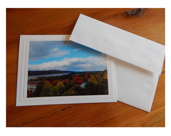 Photo greeting card with Autumn leaves and trees against Hudson River. 5x7 greeting card.