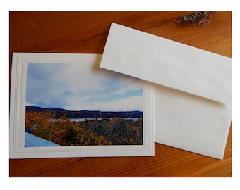 Photo greeting card of red and gold fall foliage over river valley in Upstate New York, Blank Inside, envelope included
