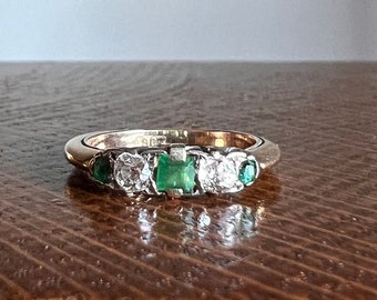 EMERALD Old Mine Cut DIAMOND French ANTIQUE Linear Ring 18k Gold Alternating Green Skinny Band Stacker Romantic Gift Victorian Edwardian OmC