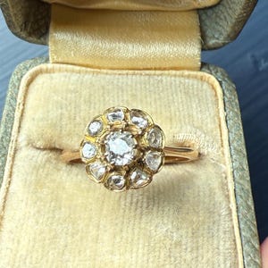 CLUSTER Ring Old Mine Cut Rose Cut DIAMOND Daisy Floral French Victorian Antique 18k Gold Ring Tall Stacker Band Belle Epoque Gift OMC
