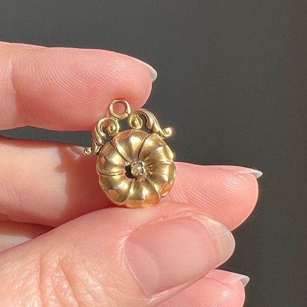 FLOWER Figural ANTIQUE Charm 14k Gold Pearl Pendant Reversible 2 Sided Belle Epoque 3D Victorian Ornate Jewelry Puffy Swirl Ornate Fob