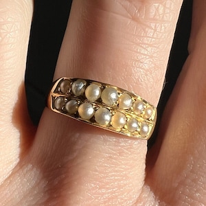 Antique PEARL Half Hoop Ring c1896 15k Gold Band Double Row Stacker Ring Victorian Belle Epoque Romantic Gift Linear Ringstack Minimalist