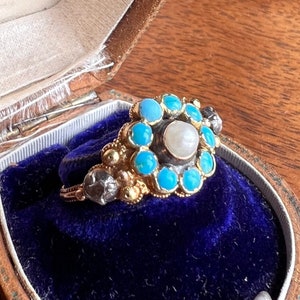 FRENCH Antique Victorian to Georgian Floral Forget Me Not Turquoise Halo Rose Cut DIAMOND Pearl Ring 18k Gold Cannetille Gift Chunky Daisy