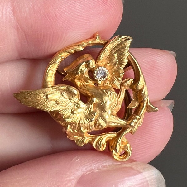 DRAGON Rose Cut Diamond FRENCH Antique 18k Gold Chimera Griffin Winged Lion FIGURAL Slide Pendant Bracelet Charm Clip Victorian Belle Epoque