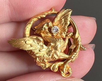DRAGON Rose Cut Diamond FRENCH Antique 18k Gold Chimera Griffin Winged Lion FIGURAL Slide Pendant Bracelet Charm Clip Victorian Belle Epoque