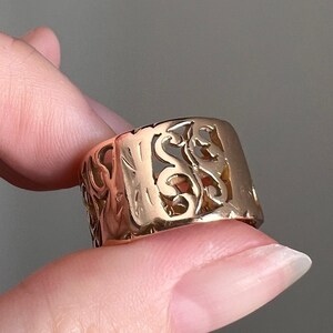 Heavy 10.5g French Antique Chunky 11.8mm Wide Cigar Band 18k Rose Gold Solid Ring Open Work Engraved Swirls Wedding Stacker Statement Pipe