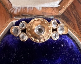 GEORGIAN Antique Iberian ? Pie Crust Seven Stone Ring 18k GOLD Clear White Paste Betrothal Wedding Stacker Romantic Gift Luck Eternal Love
