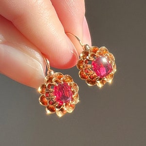 Antique Old Flat Cut GARNET 18k GOLD BUTTERCUP Dormeuse French Dangle Drop EARRINGs Gemset Buttercup Victorian Sweet Gift Bridal Rose Pink