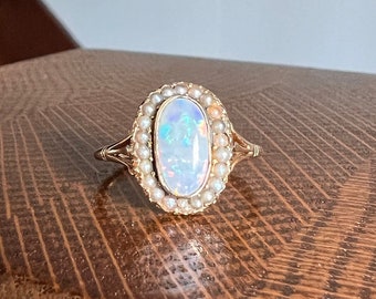 OPAL Pearl Halo Ring 9k Gold VICTORIAN Antique Ornate Stacker Warm Gray Purple Iridescent Glossy Blue Romantic Gift Not 10k