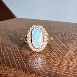 OPAL Pearl Halo Ring 9k Gold VICTORIAN Antique Ornate Stacker Warm Gray Purple Iridescent Glossy Blue Romantic Gift Not 10k