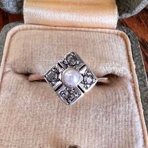 Pearl Old Mine Cut DIAMOND Antique Ring 18k GOLD Grid Lozenge Square Geometric Stacker Romantic Gift Ringstack Art Deco OMC Valentine's