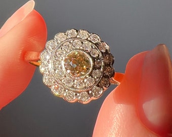 Peachy Fancy Brown Old Mine Cut DIAMOND White Double Halo Ring 18k Gold Champagne Peach Two Tone Alternative Engagement Romantic Gift OMC