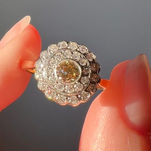 Peachy Fancy Brown Old Mine Cut DIAMOND White Double Halo Ring 18k Gold Champagne Peach Two Tone Alternative Engagement Romantic Gift OMC