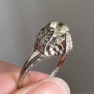 Unique Pale Green Topaz Spinel 18k White Gold Art Deco Ring Antique Solitaire Floral Stacker Tall Forget Me Not Romantic Gift Lime Color