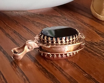 Chunky Oval SHIELD Antique 10k 12k Gold Locket Fob Pendant Victorian Black Onyx Orange Carnelian Romantic Gift Mourning Deep 2 Sided Engrave