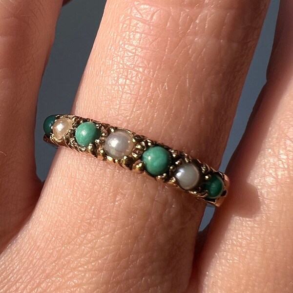 TURQUOISE & Pearl Victorian Antique Skinny BAND Stacker Ring 9k GOLD Alternating Blue White Dainty Minimalist Romantic Gift Not 10k Gold