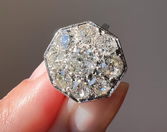 XL 2.7 Carat OCTAGON Shield French Antique PLATINUM Ring Old Mine Cut Diamonds Chunky Geometric Edwardian Cluster Romantic Gift 2.7Ctw OmC
