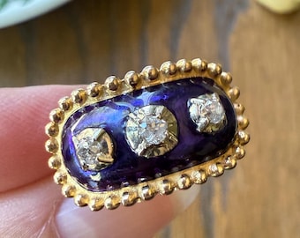 French Antique Bague Au Firmament Three Old Mine Cut Diamond Blue Enamel 18k Gold Ring of Heaven STAR Victorian Ornate Bead Rivet Halo OMC