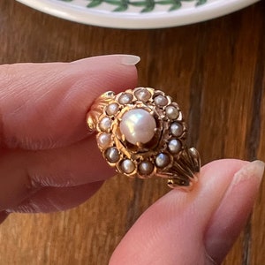 Antique PEARL Halo Cluster Ring 18k Gold Romantic Gift Stacker Victorian French Belle Epoque Bullseye Target