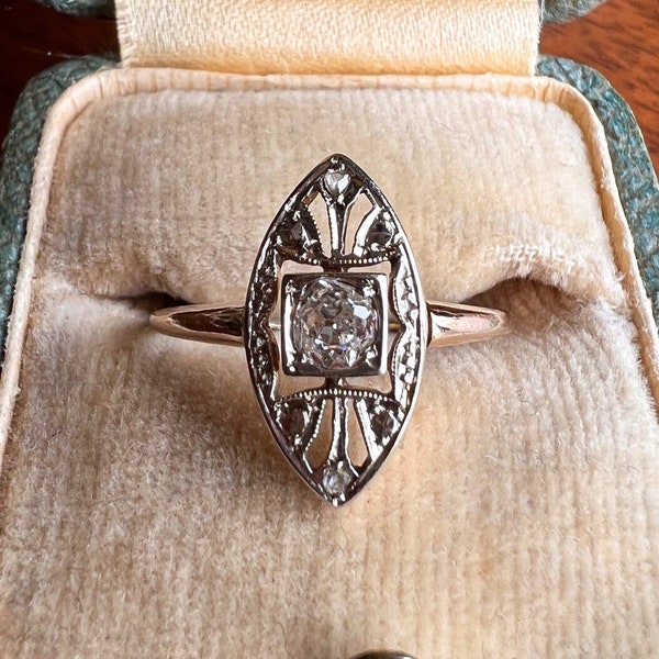 Antique .2 Carat Old Mine Cut Rose DiAMOND Navette 14k GOLD Ring Stacker Edwardian Art Deco Stacker Geometric Milgrain Romantic Gift OMC