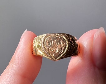 HEART Figural Antique 18k Signet Ring Hand Engraved Initials Monogram Y G J  Wide Band Stacker Victorian Wedding Engagement Betrothal Gift