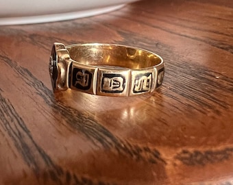 In MEMORY Of Black Enamel Old Mine Cut DIAMOND 14k Gold Victorian Closed Back Ring with Words 360 Band Unique Gift Mourning Love Token Gift