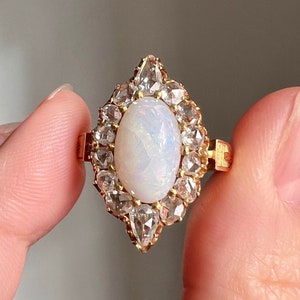 PEAR 1 Carat Rose Cut Diamond Halo Large OPAL French Antique Belle Epoque Ring 18k Gold Gift Belle Epoque Art Nouveau Ornate Romantic Gift