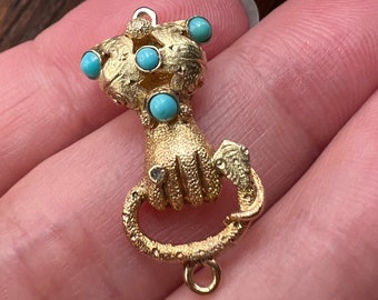 HAND Holding SNAKE Gemset CLASP Victorian Pendant 14k Gold Figural Floral Cuff Wearing Diamond Ring Turquoise Bead Romantic Gift 3D Detail