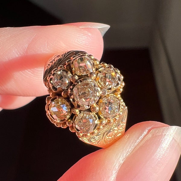 CHAMPAGNE Antique .75 Carat & YELLOW Old Mine Cut DIAMOND Chunky 14k Gold Daisy Cluster Ring Victorian Rivet Halo Gift Rare Light Brown OmC