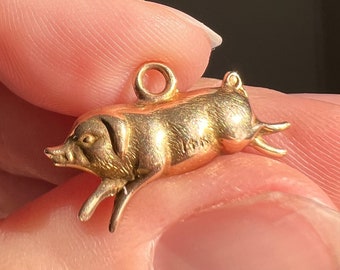 ANTIQUE Figural Lucky PIG 1.1g 14k Gold Pendant Charm Reversible Two Sided Belle Epoque 3D Victorian Animal Jewelry Curled Tail Miniature