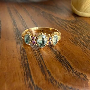 Sold Out Antique Mossy Seafoam Blue Green Three Stone Georgian Era Ring with Ruby Spacers 18k Gold Solid 360 Engraved Shank Ball Rivet Halos