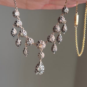 VICTORIAN French Antique 3 Carat Rose Cut DIAMOND Drop 18k Gold Silver Collet Teardrop Necklace Enamel 17" Bridal Something Old Belle Epoque