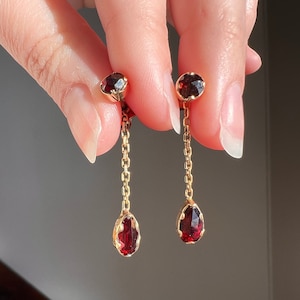 TEARDROP Perpignan GARNET 18k GOLD Rose Cut Studs Day - Night Collet Set French Dangle Drop EARRINGs Gemset Victorian Sweet Gift Bridal Red