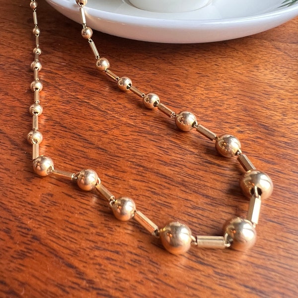 French VINTAGE 13.8g 18k GOLD Solid 16.5" Traditional Marseille Necklace Grains Graduated Bead Alternating Bar Link Chain Love Gift Romantic