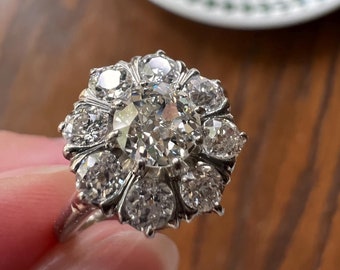 French Antique 1.4 Carat Old Mine Cut DIAMOND Ring PLATINUM 1.4Ctw Halo Cluster Stacker Romantic Gift Daisy Engagement OmC Belle Epoque Gift