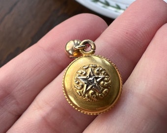 STAR Rose Cut DIAMOND Figural ANTIQUE Lucky Charm 14k Gold Pendant Reversible 2 Sided Belle Epoque 3D Victorian Ornate Jewelry Puffy Circle