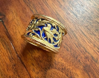 HEAVY Vintage BIRD Floral Leaf Cigar Band 14.5g 18k Gold Cobalt Blue Enamel Arabesque Boxed 13.5mm Wide Eternity Figural Stacker