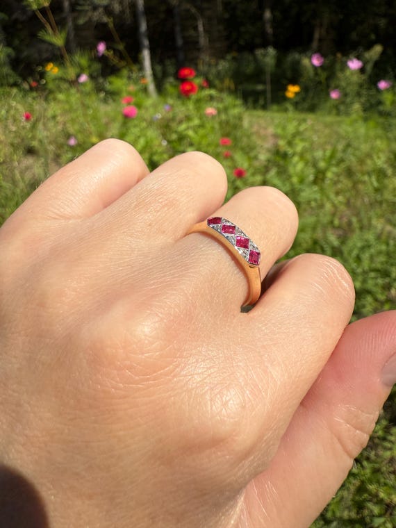 Geometric Antique Four Stone Square RUBY Rose Cut… - image 7